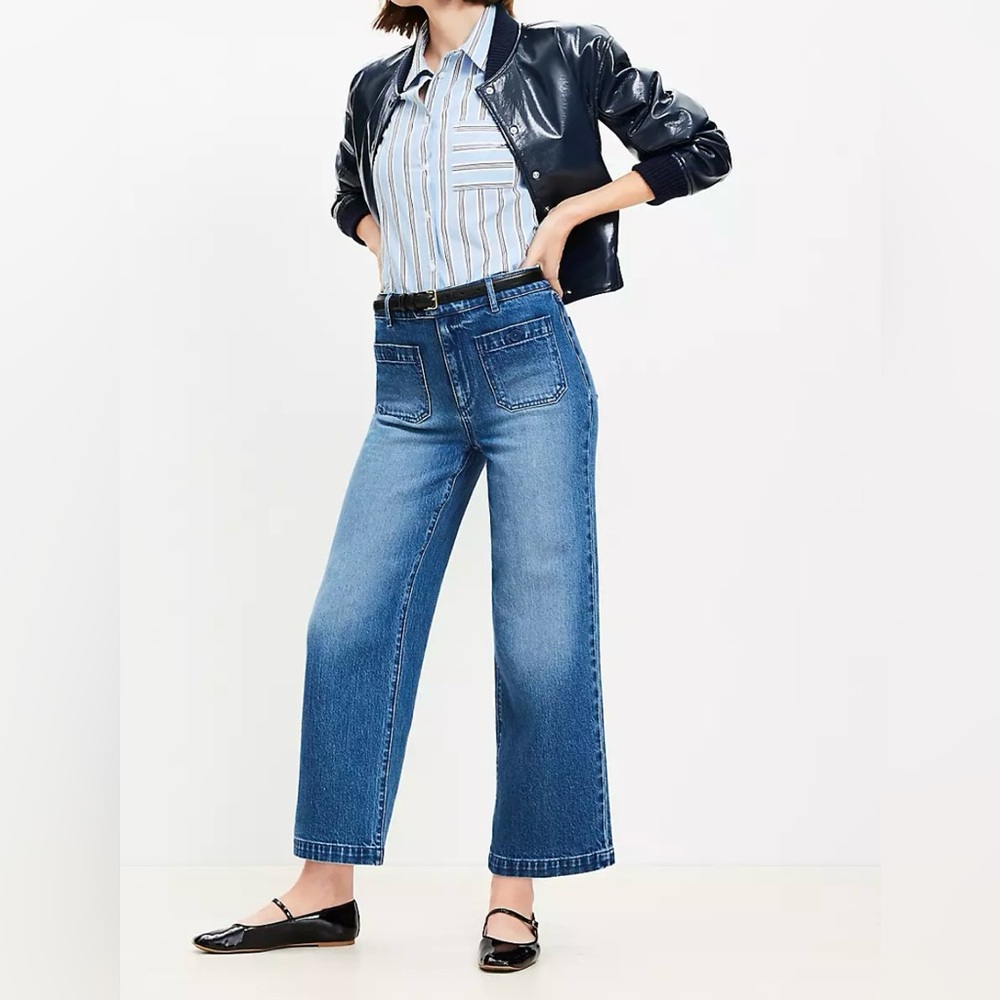 LOFT Petite Sailor High Rise Wide-Leg Crop Jeans in Vintage Indigo Wash